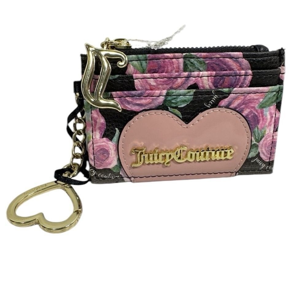 NWOT Juicy Couture Floral Rose Card Holder Wallet Women Black Pink Gold Keychain